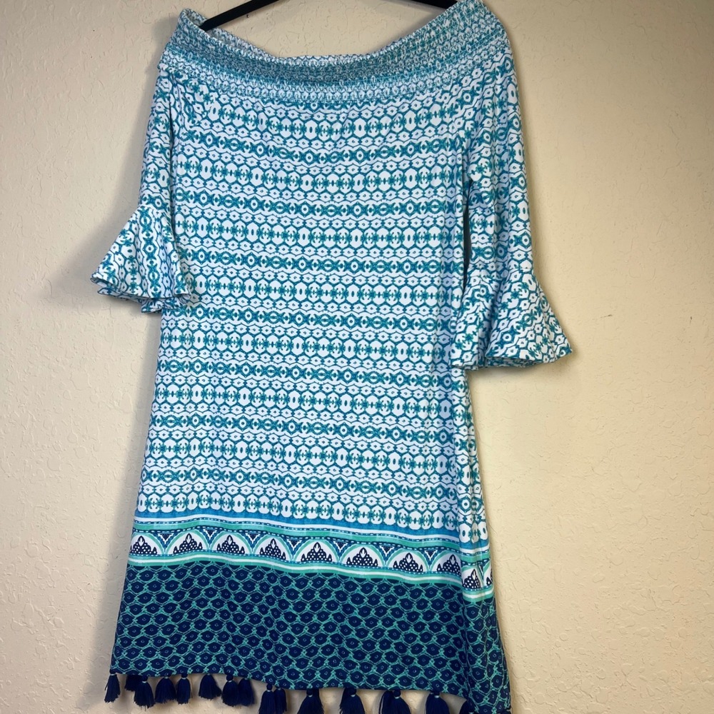 Cabana Life‎ Dress Aruba Womens Resort Boho Smocked Tassel Blue Off Shoulder